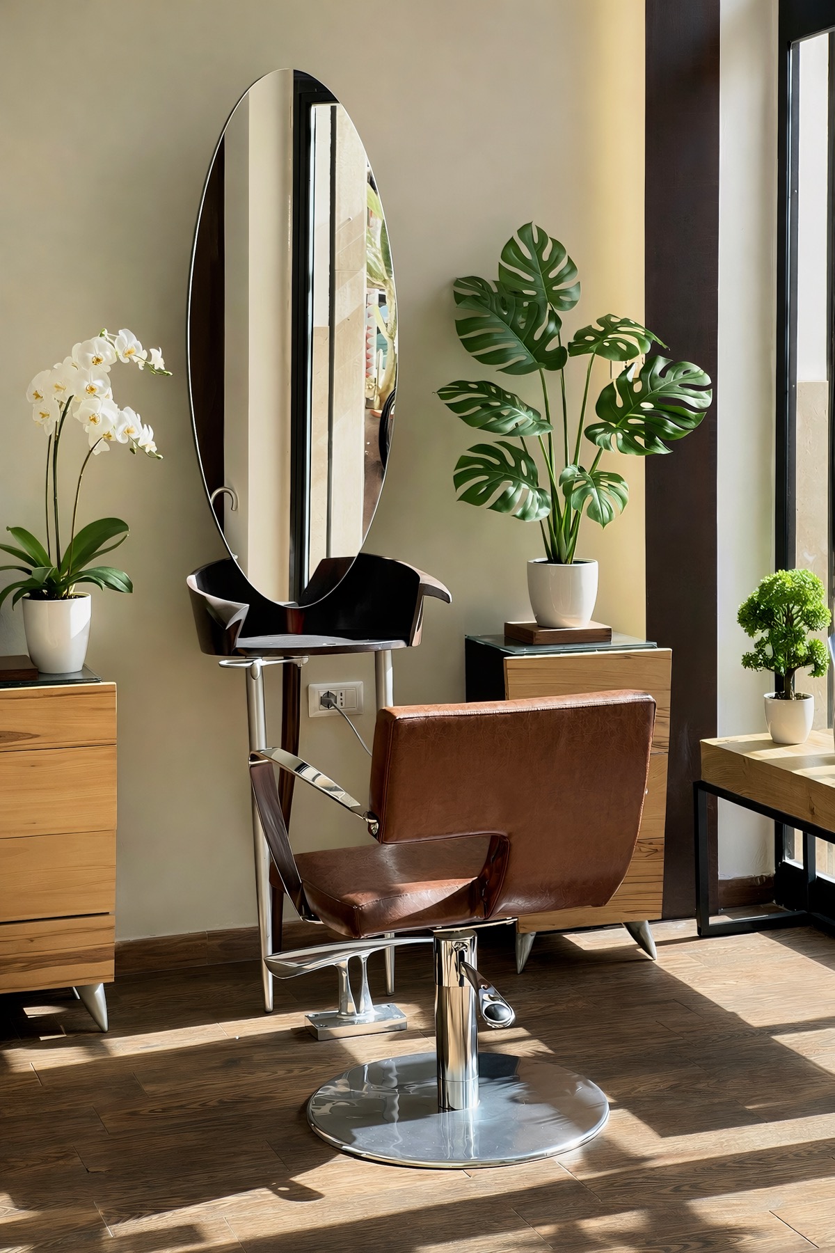 Postazione styling con specchio, piante e poltrona in pelle